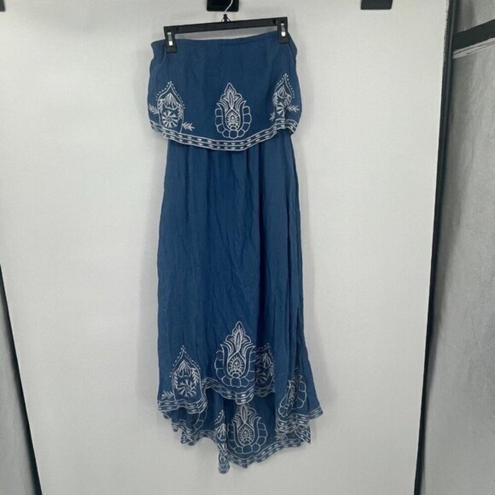 Verty Womens Dress Large Blue Embroidered Strapless Hi Lo Casual Ruffle Knit